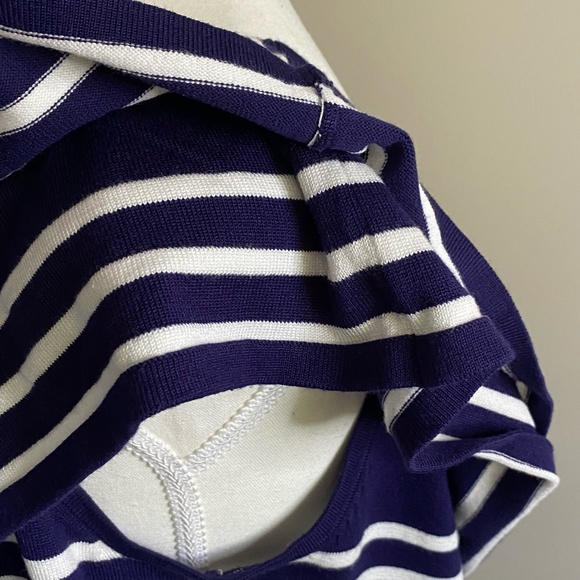 Pointelle Navy/White Double Ruffle Shoulder Coastal Nautical Casual Knit Top-XL - Picture 9 of 15